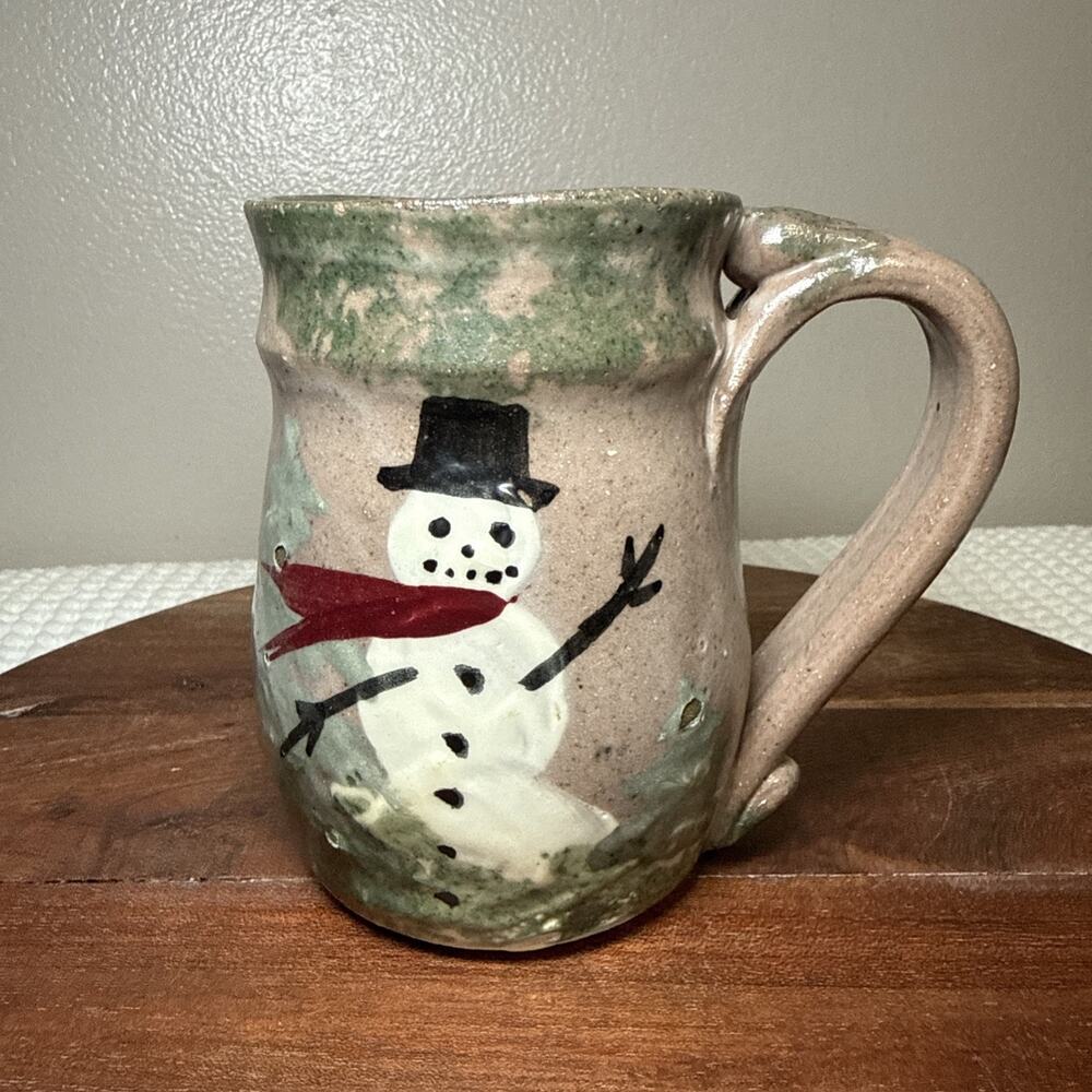 Signed Studio Pottery Snowman Mug Stoneware Christmas Handmade 4.8”